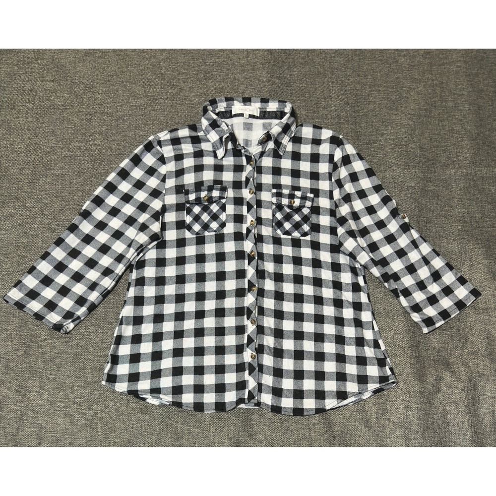 Eden & Olivia Womens XL Button Up Shirt Buffalo Plaid Black White Long Sleeve